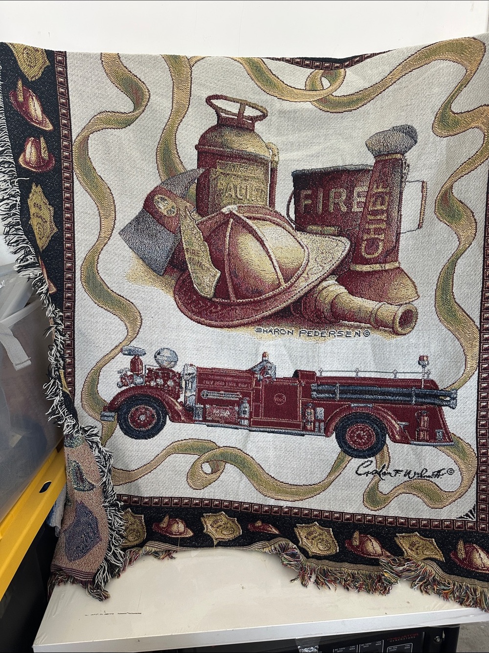 Firefighter Tapestry Throw with Fire Truck & Helmet - Red, Gold, Black